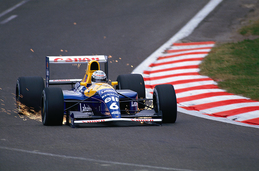 Riccardo Patrese, Williams Renault, dives into "Eau Rouge"