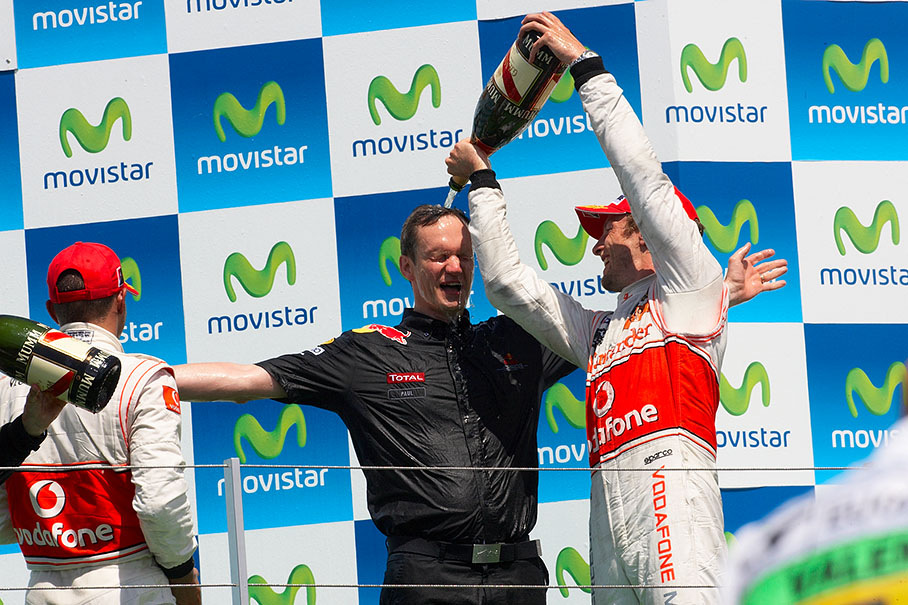 Red Bull Racing chief race and test engineer Paul Monaghan gets a cold sparkling shower