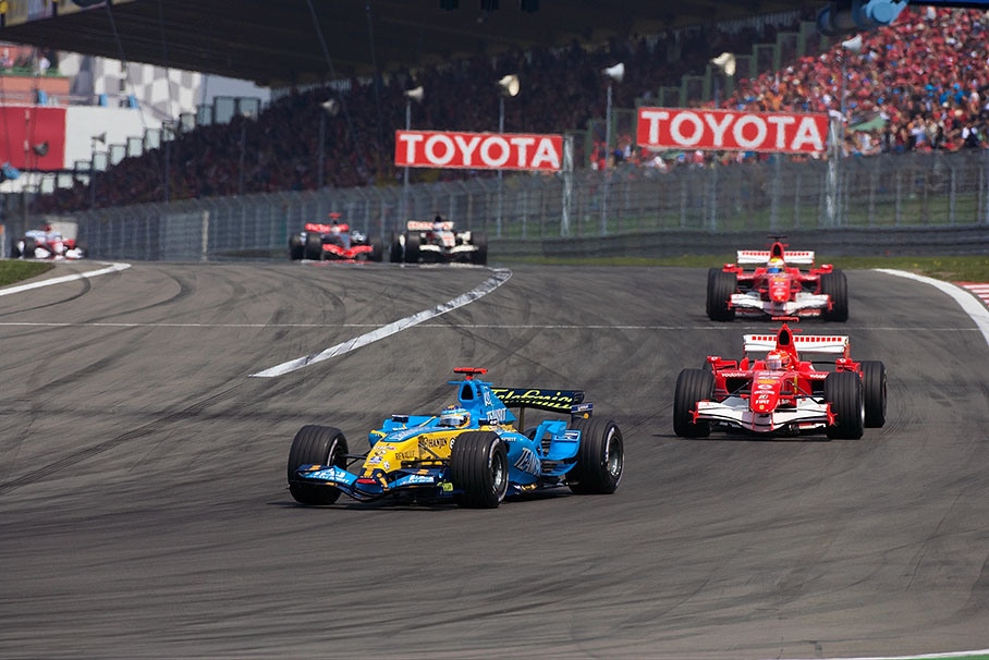 Fernando Alonso leads the two Ferraris