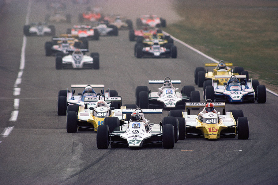 Alan Jones in the Williams (car No. 27), starts from pole position. The two Renault-Turbo's of JP Jabouille (No. 15) and R Arnoux are closely behind.