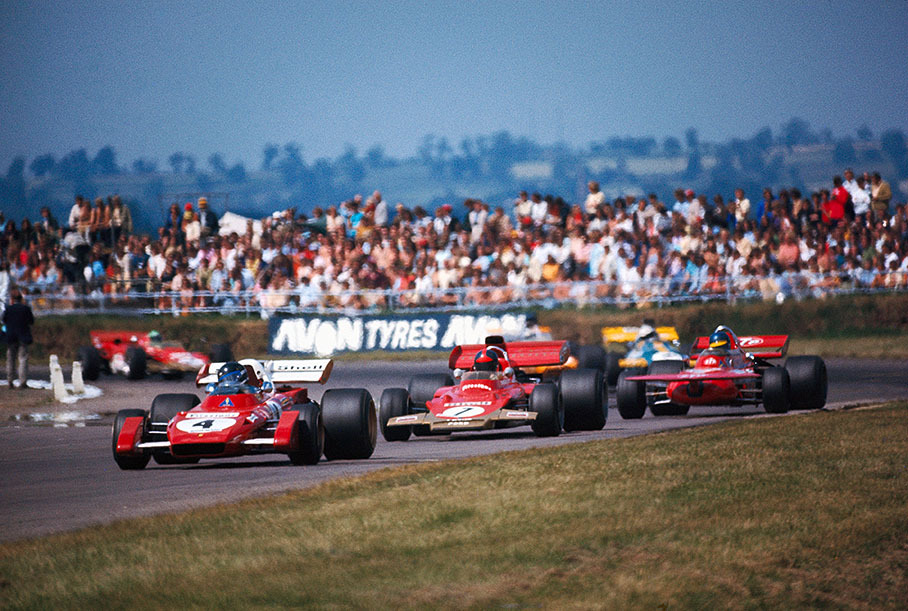 Jacky Ickx, currently in 4th place, leading Emerson Fittipaldi and Ronnie Peterson