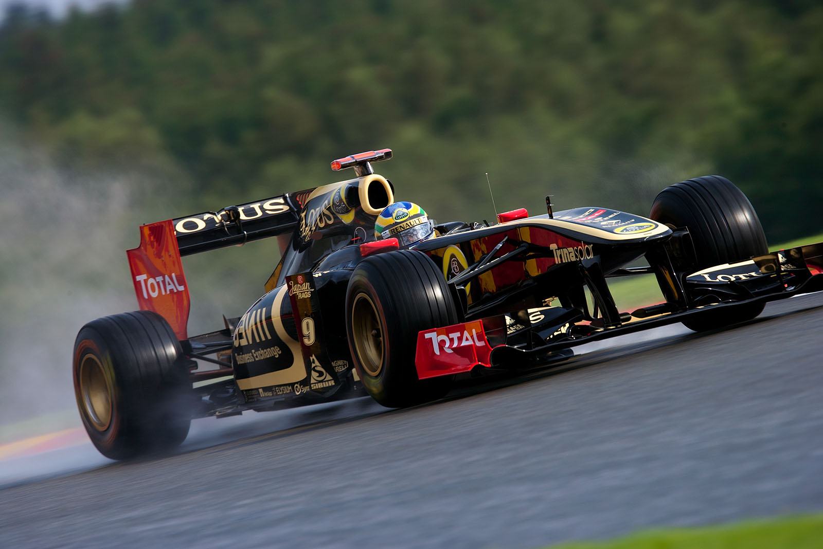Bruno Senna, Lotus Renault GP, on a wet track in one of the few sunny moments