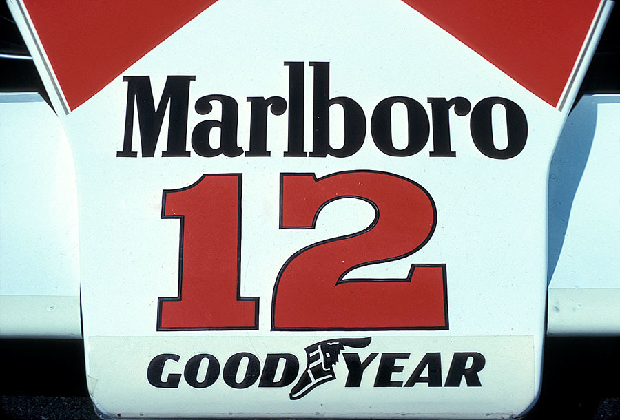 Number 12 on Jochen Mass' McLaren-Cosworth M23, US West GP 1976