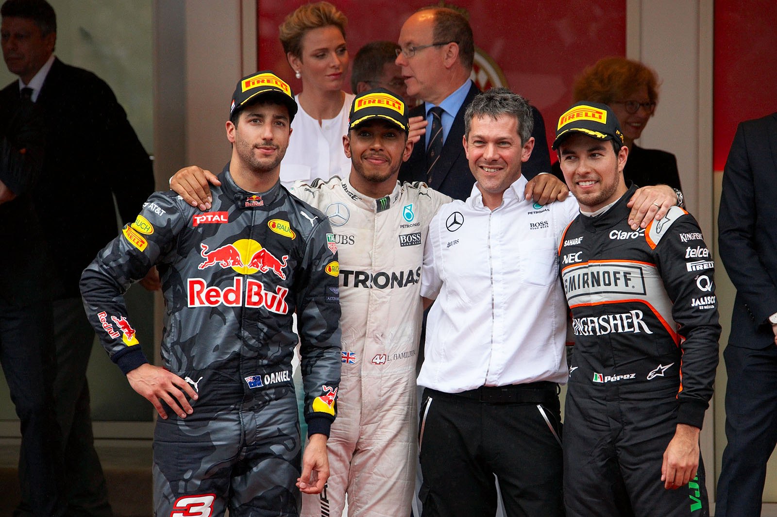 Podium groupshot with Ricciardo, Hamilton, a Mercedes team-member and Perez, Monte Carlo Grand Prix, 2016
