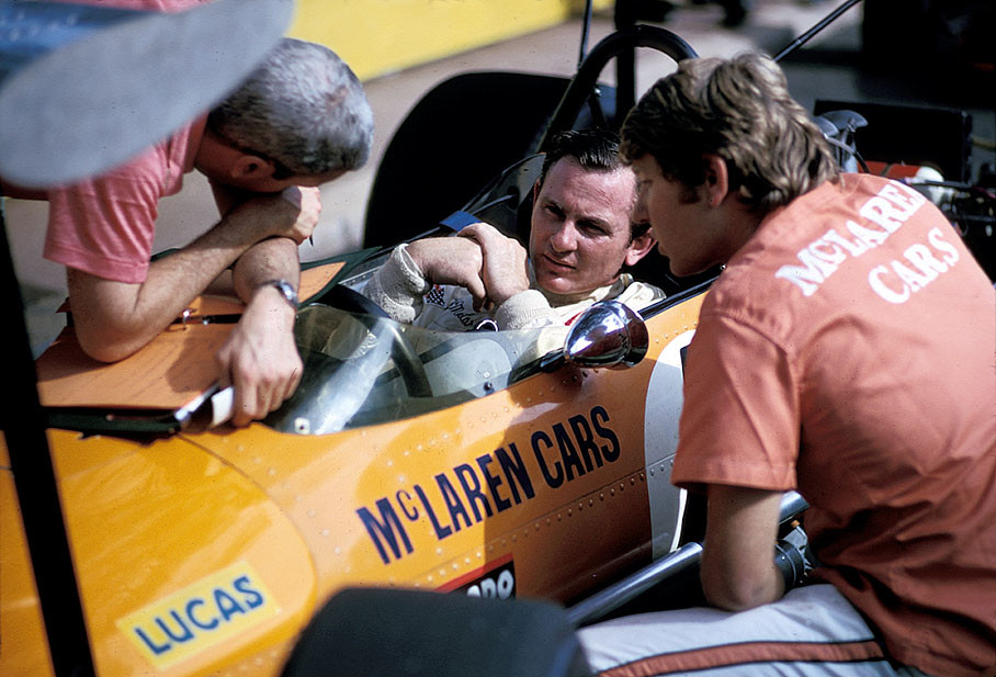 Bruce McLaren in the cockpit of his McLaren-Cosworth M7C, Monaco GP Monte Carlo 1969