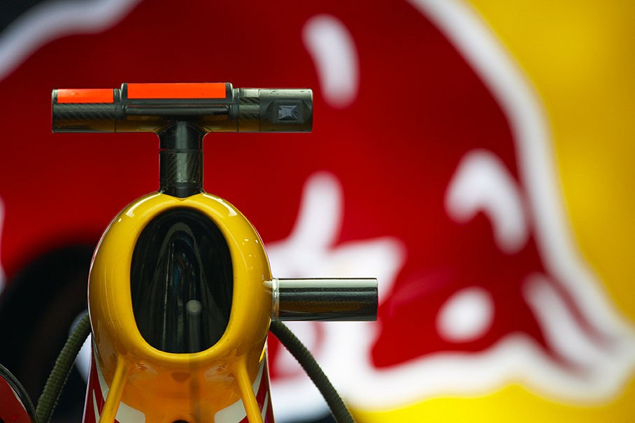 An airbox with two cameras on Mark Webber's Red Bull Racing Renault car
