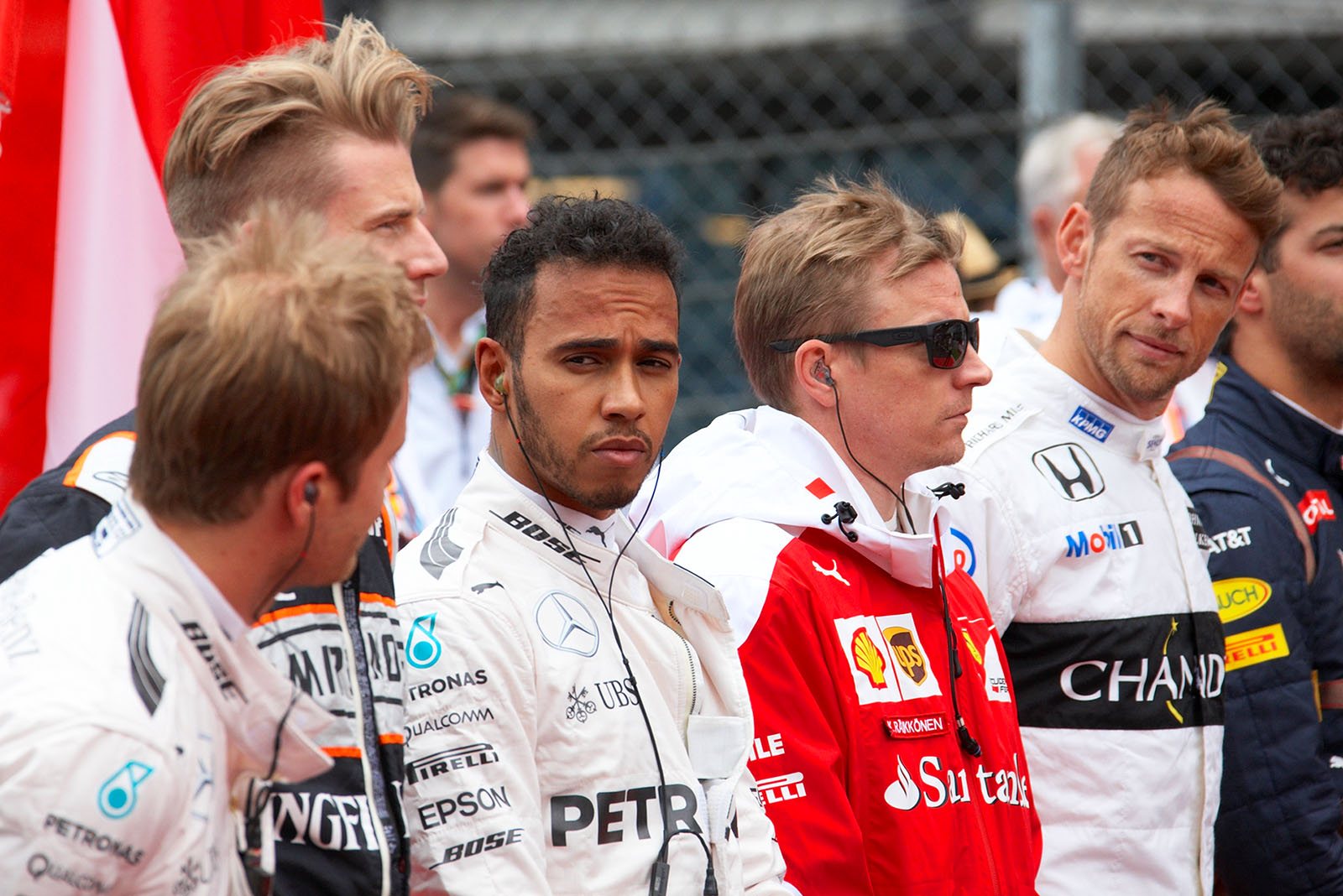 Drivers listen to Austrians national anthem: Rosberg, Hulkenberg, Hamilton, Raikkonen and Button, Spielberg, Austrian Grand Prix, 2016
