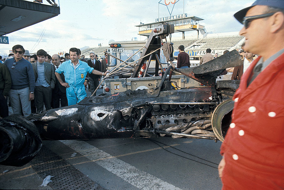 At the start of the race Ickx's Ferrari caught fire and was destroyed after a collision with Jack Oliver's BRM, now being returned to the paddock