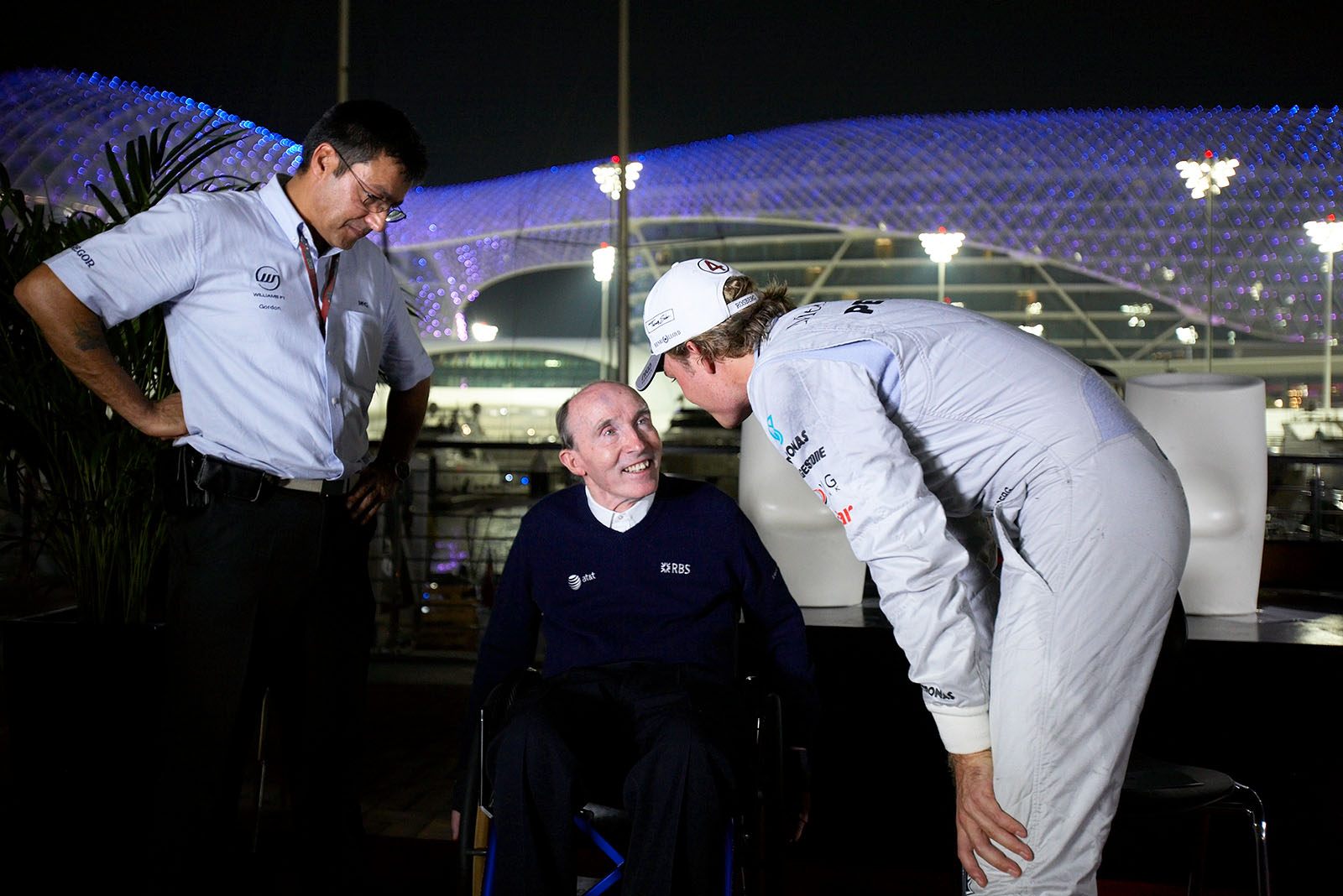 Nico Rosberg, Mercedes GP, bows to his former patron and team boss Sir Frank Williams