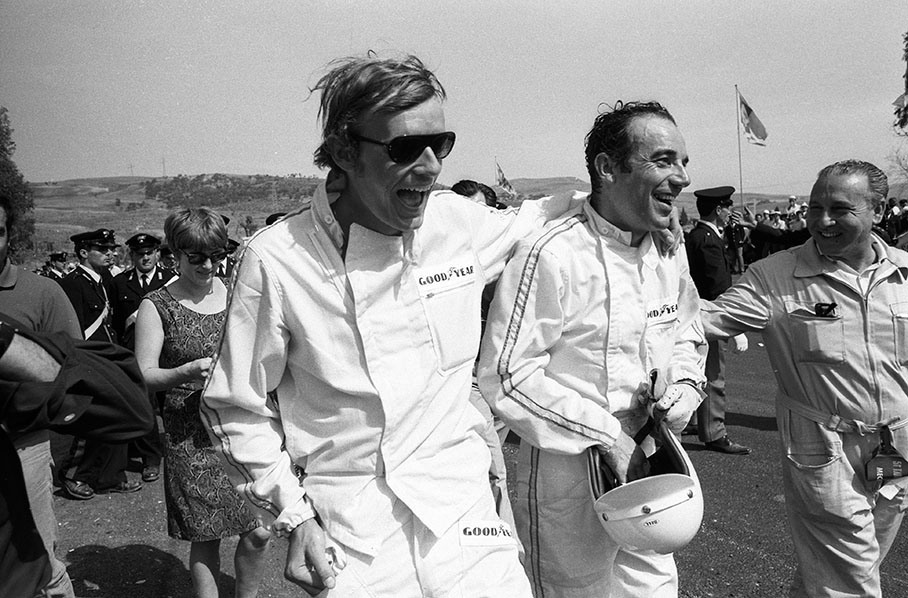 Triple Olympic gold medalist skier Jean-Claude Killy and team-mate Bernard Cahier, winner of the Grand Touring Class in a Porsche 911S, 7th overall at the Targa Florio 1967