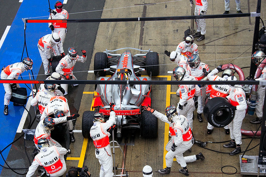 Hamilton ejects from McLaren pits in lap 38