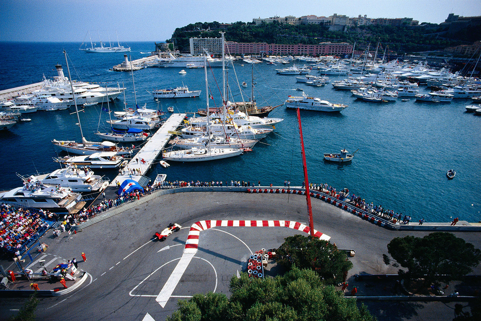 Race leader Ayrton Senna, McLaren, passes the harbour chicane, Monaco Grand Prix, 1989