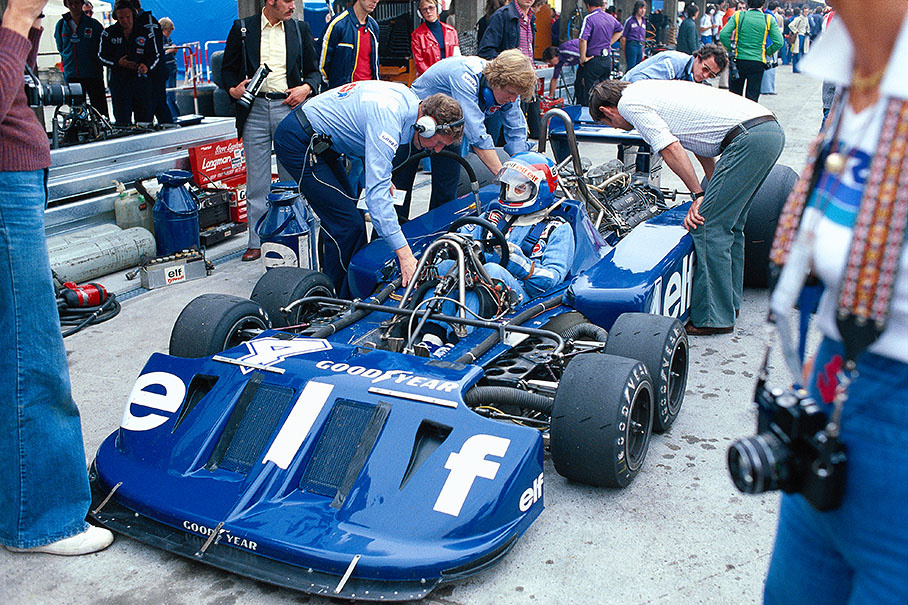 French driver Patrick Depailler in his Tyrrell Ford-Cosworth P34, on the left next to him designer Derek Gardner (with headphones)