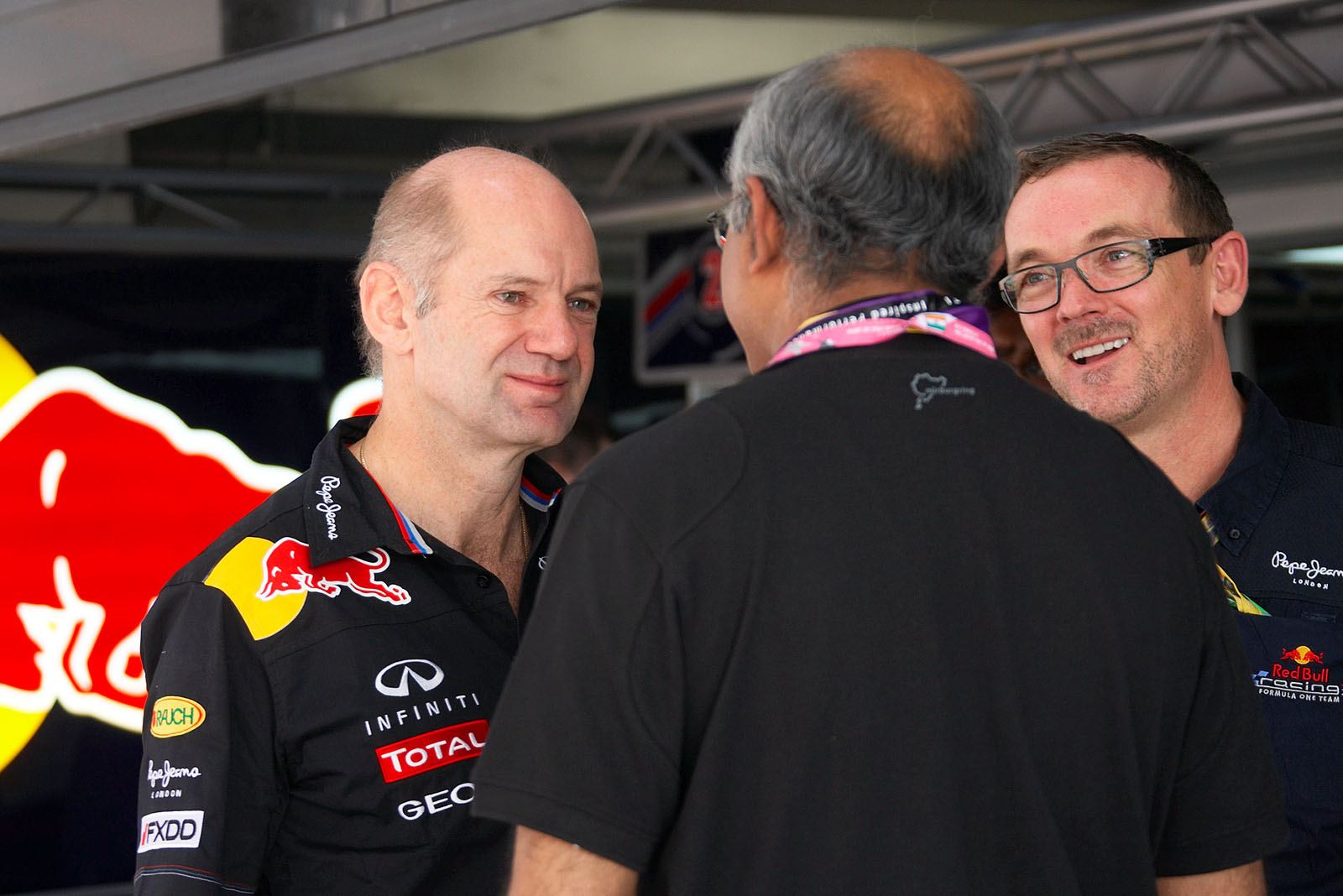 Red Bull technical director Adrian Newey is visited in Red Bull pits