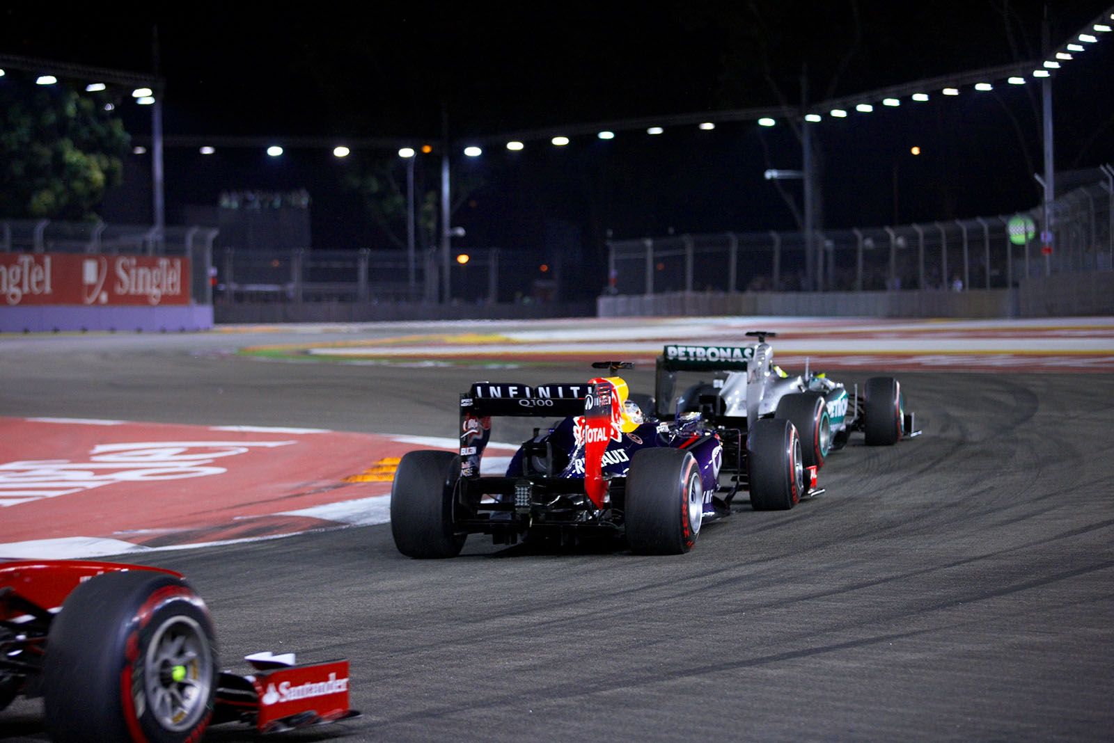 At the start Nico Rosberg takes the lead from Sebastian Vettel