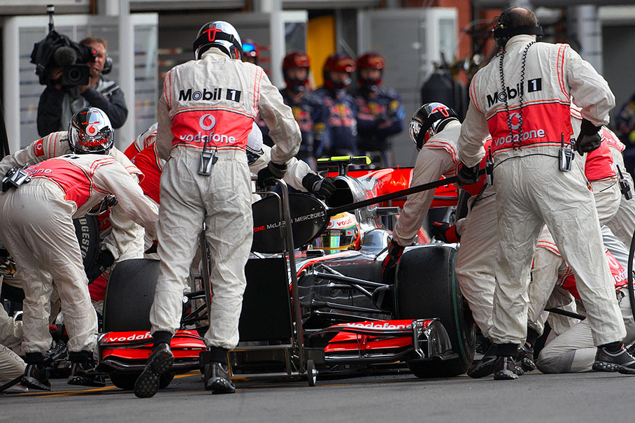 Lewis Hamilton stops at McLaren pits