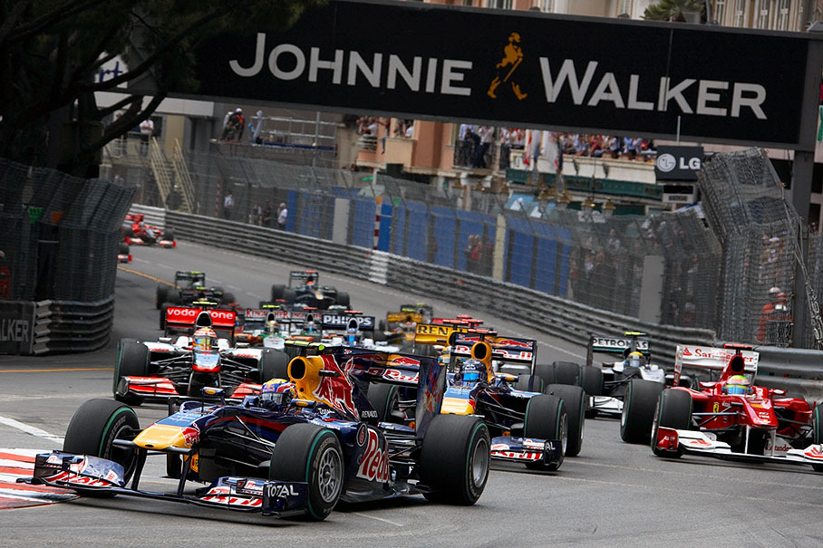 Race leader Mark Webber, Red Bull Racing, takes the first turn Sainte Devote