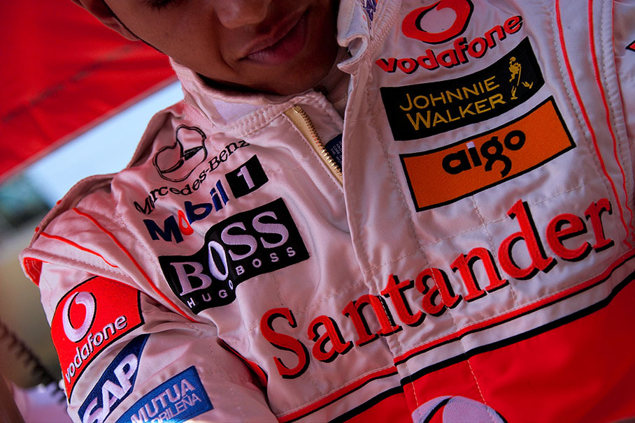 Lewis Hamilton's overall with logos of sponsors (Santander).