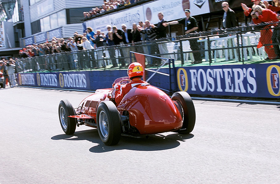 Michael Schumacher driving Froilan Gonzalez' Ferrari 375 which scored Ferrari's first Formula 1 victory in Silverstone 1951