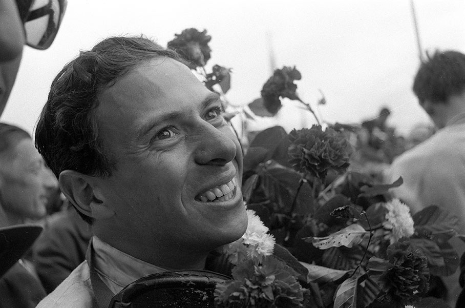 Jim Clark, the fulgent race winner of the Belgium Grand Prix, 1964