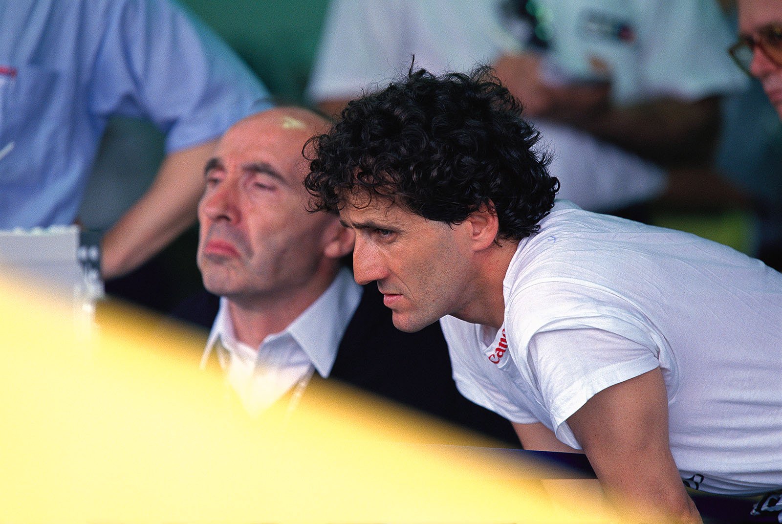 Williams no. 1 driver, Alain Prost. Behind him his teamboss Frank Williams