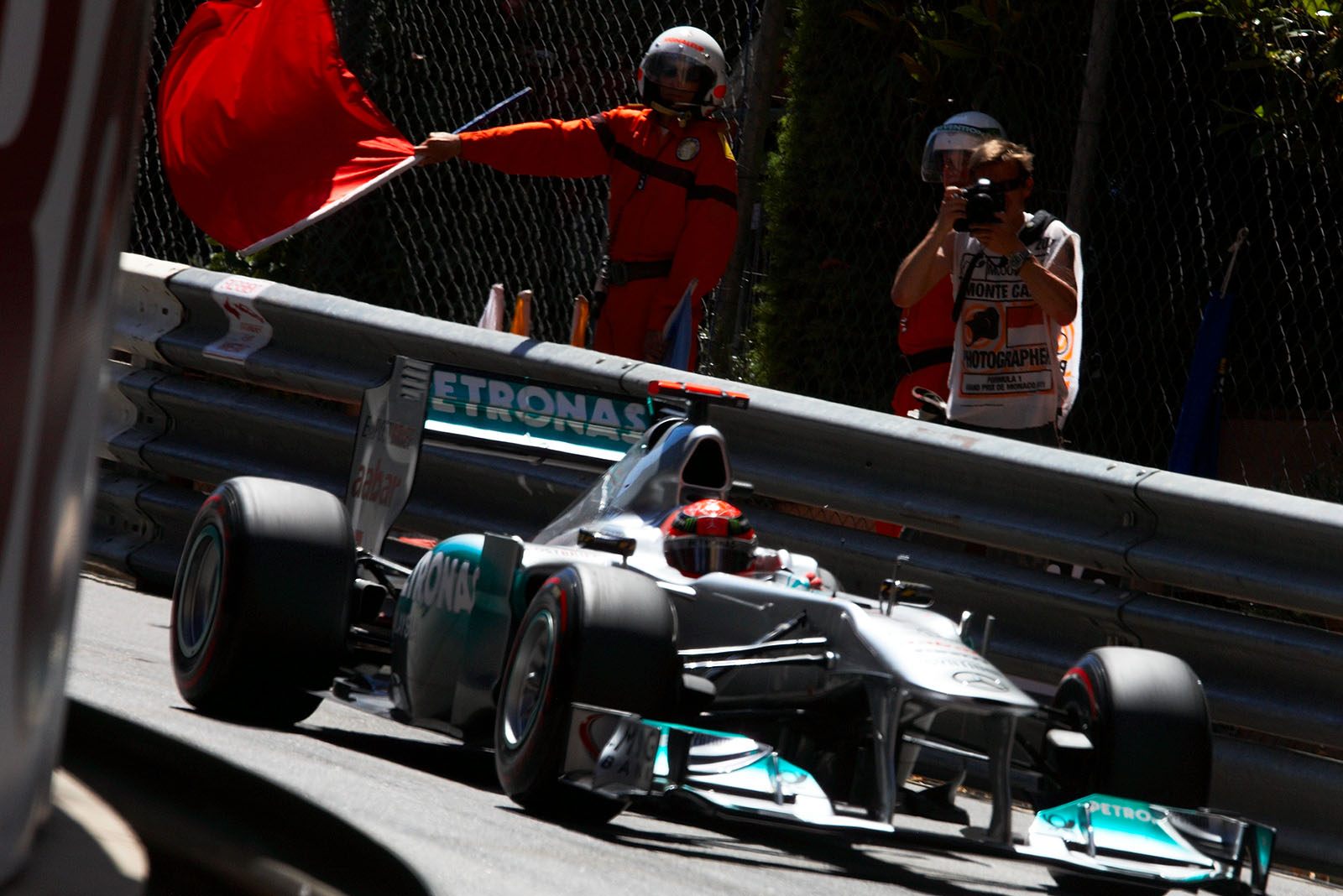 Michael Schumacher, Mercedes GP. The qualifying is stopped due to Perez's accident.