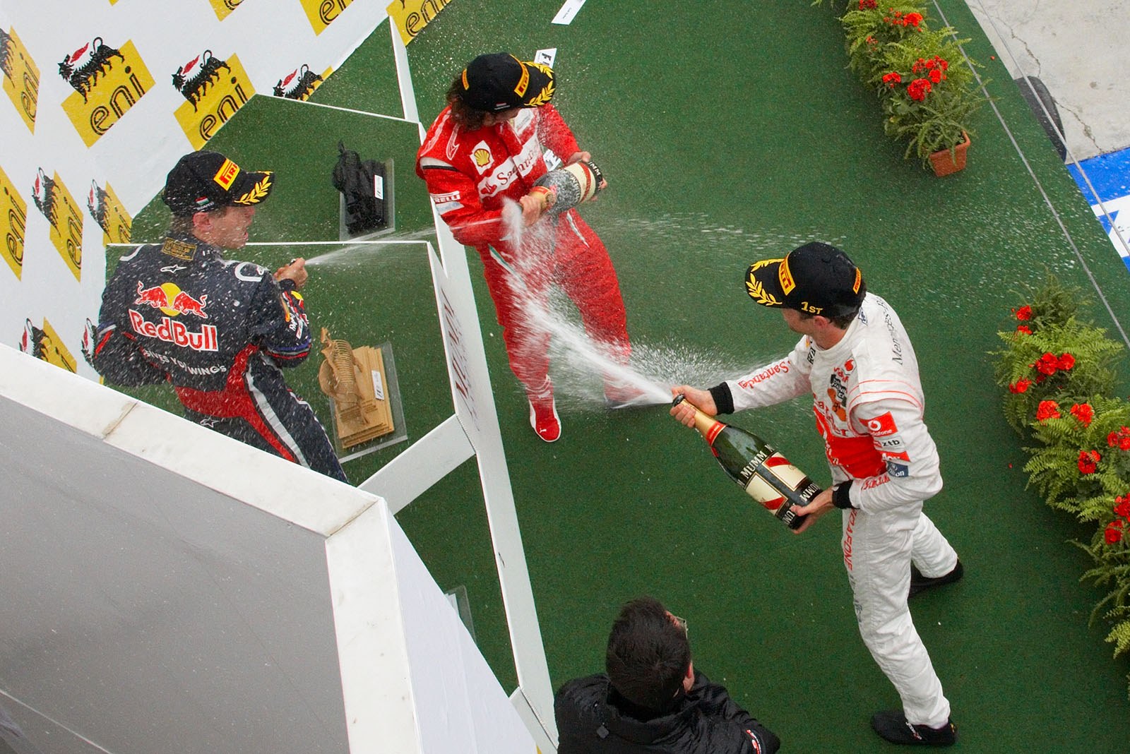 Champagne showers on the Hungarian podium