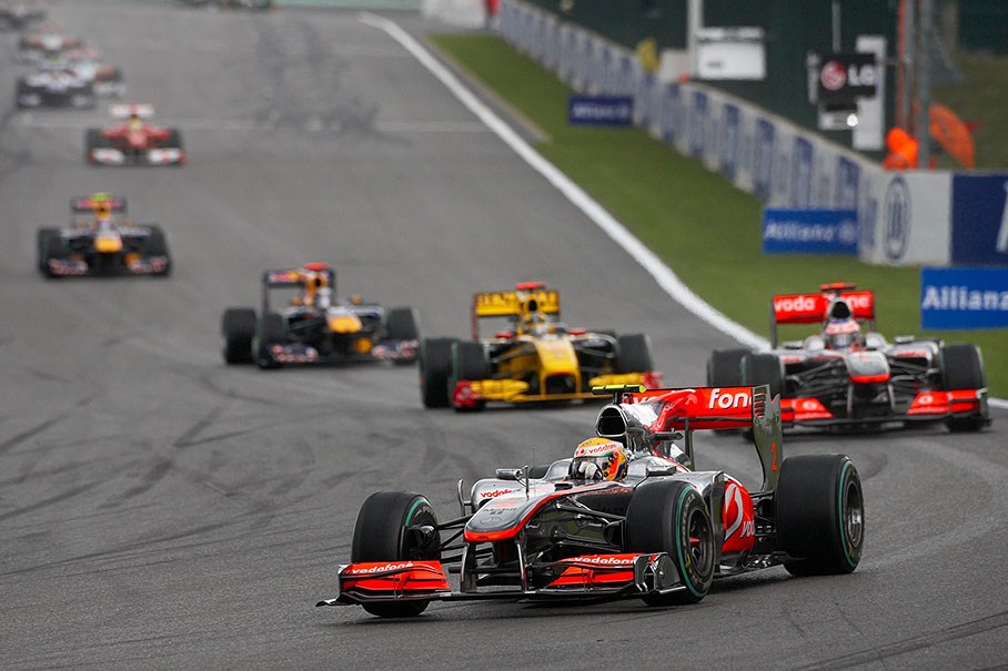 After three laps, Lewis Hamilton leads in front of McLaren team mate Button and Renault's Kubica