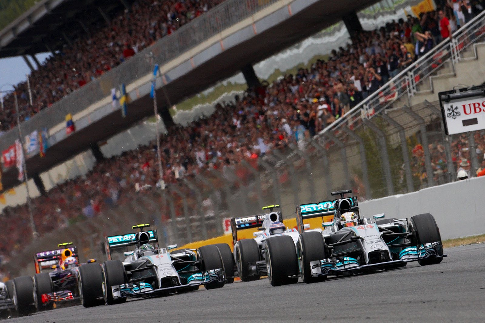 Leader Lewis Hamilton, Mercedes, watching his followers at the start for the Spanish Grand Prix, Barcelona, 2014