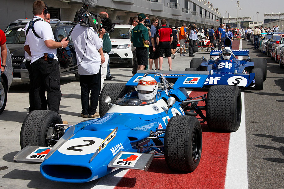 Formula 1 World Champion 1969, 1971 and 1973 Sir Jackie Stewart (driving his 1969 Matra-Cosworth  MS80) in front of his son Mark Stewart in the World Championship-winning Tyrrell-Cosworth 006 of 1973