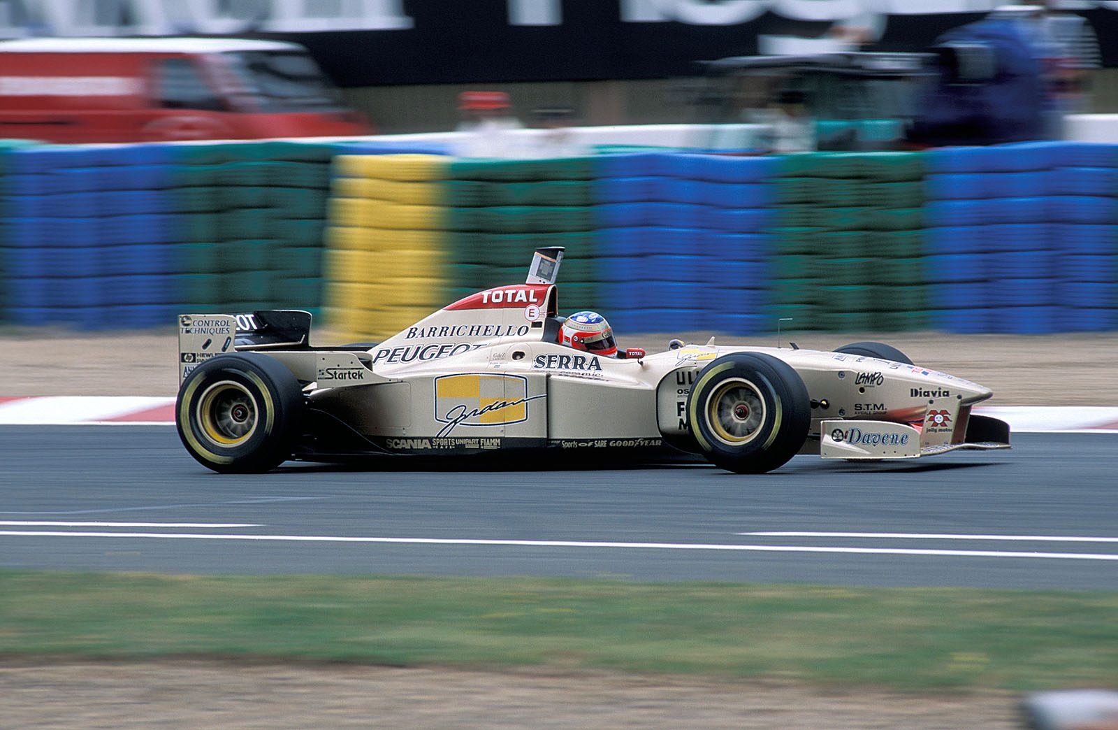 Rubens Barrichello on Jordan-Peugeot 196, French GP Magny-Cours 1996 (due to tobacco ban in France a Jordan logo instead sponsor "B &amp; H")