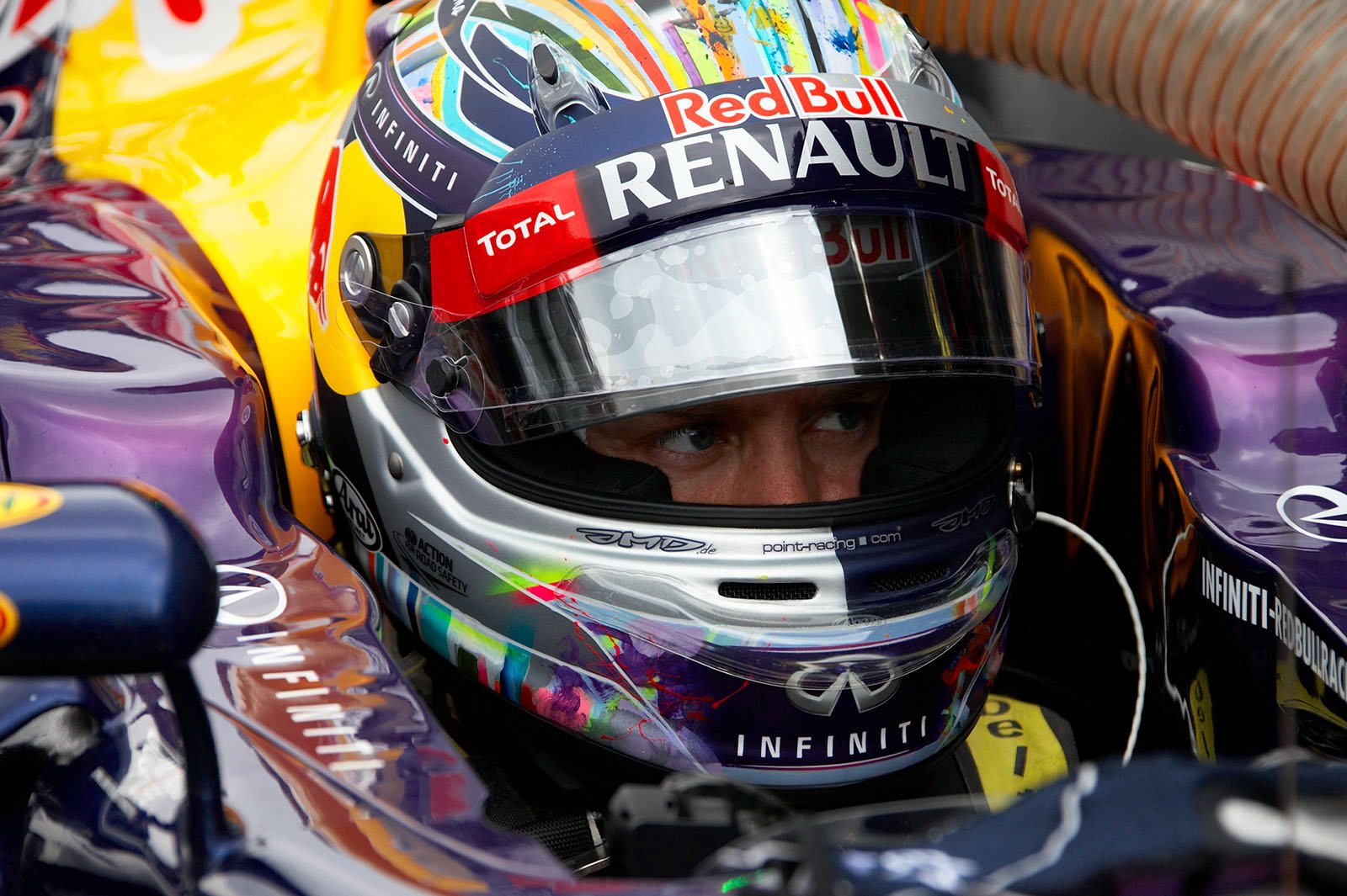 Sebastian Vettel has just arrived at his grid position for the Chinese Grand Prix