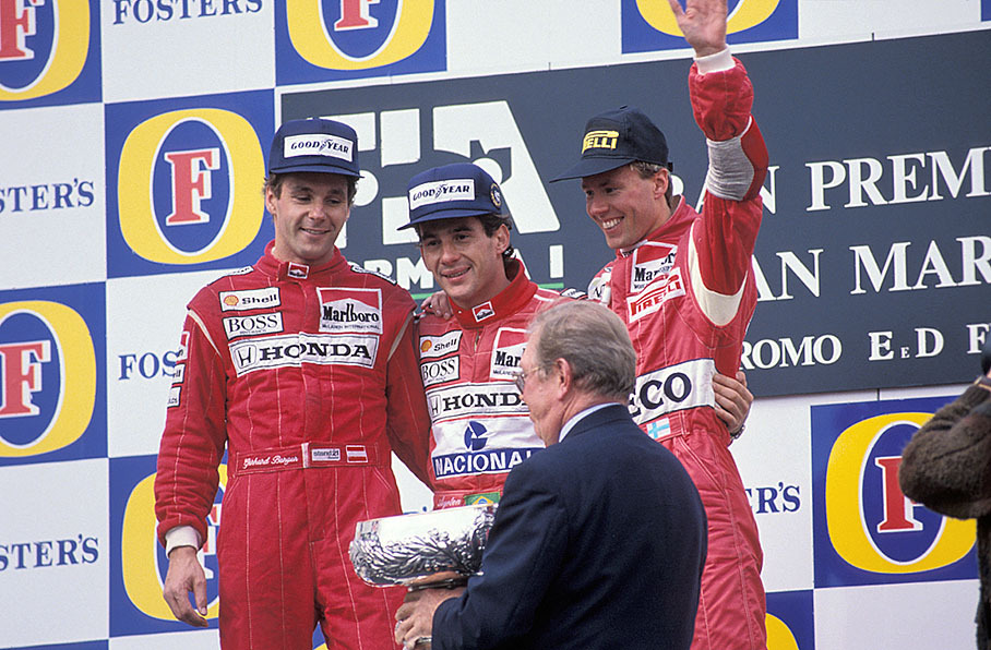 Second placed Gerhard Berger, winner Ayrton Senna and a happy third placed JJ Letho on Imola's podium