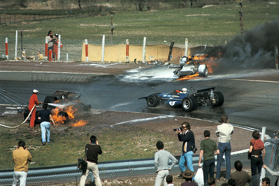 At the start of the race Jack Oliver's BRM collided with Ickx's Ferrari and both cars caught fire but both drivers escaped with relatively minor injuries, Ickx suffering a few burns. The cars however were both destroyed and continued to burn for some time. www.grandprix.com