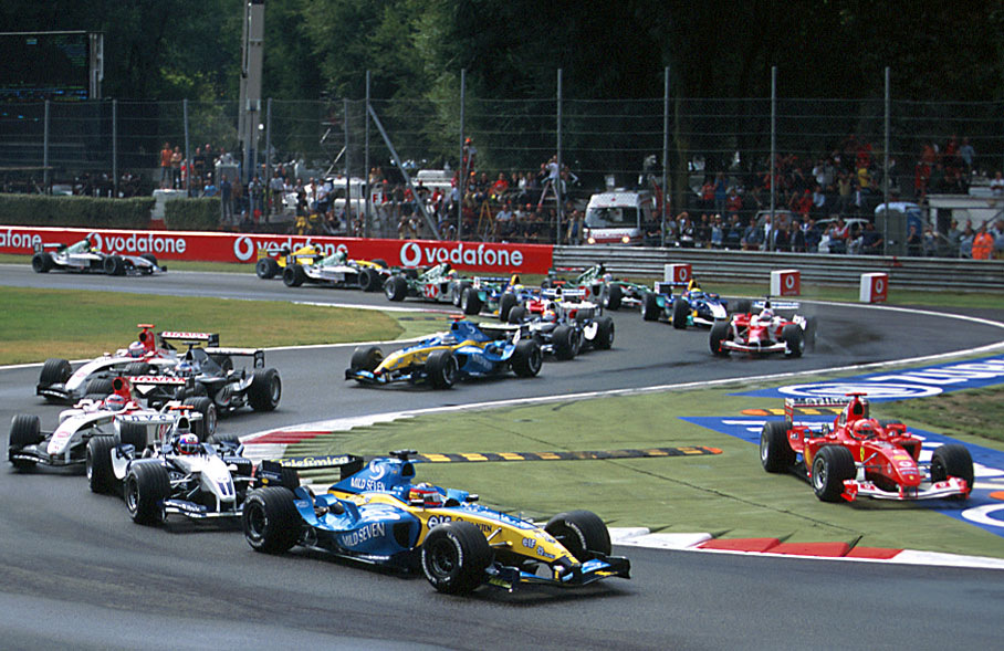 At the first chicane, Michael Schumacher taking a short cut