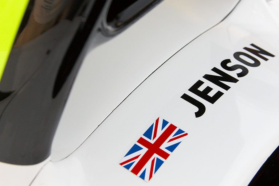 The Union Jack besides Jenson Button's name tags the Brawn GP car
