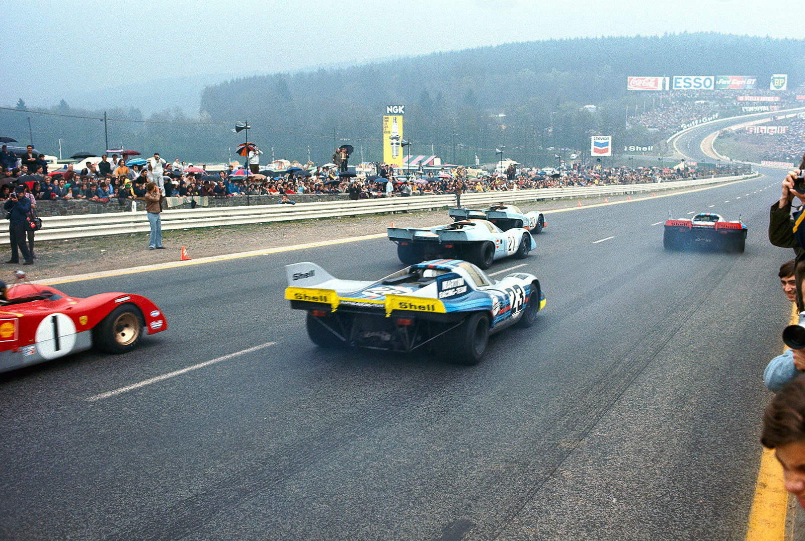 At the start of the 1000 km Spa 1971, Martini Team's Porsche 917K 019 is forth on grid heading to Eau Rouge but Helmut Marko (A) retires after 6 laps with engine problems