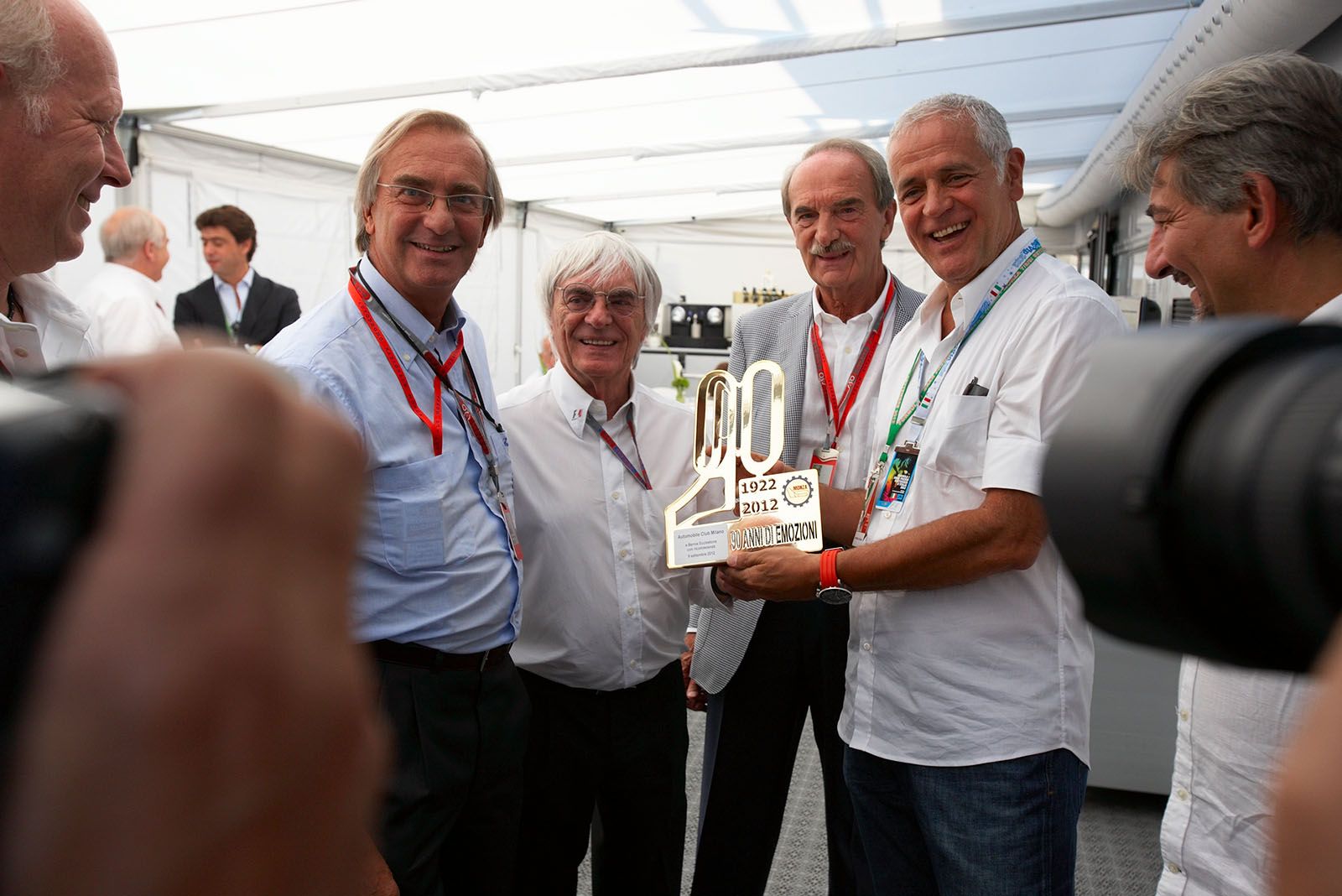 Monza celebrates 90 years of racing with Bernie Ecclestone, Il Direttore dell'Autodromo (left) Enrico Ferrari and Carlo Edoardo Valli, presidente dell'Automobile club di Milano (with moustache)