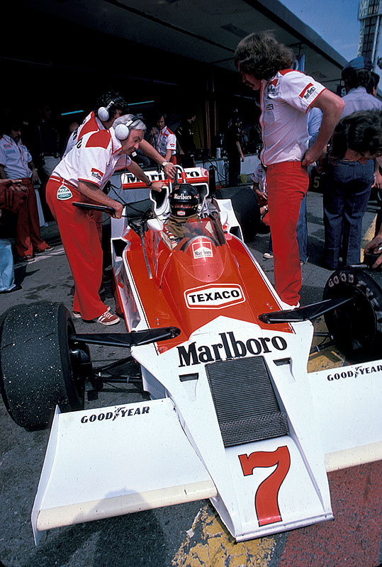 McLaren team boss Teddy Mayer besides James Hunt on McLaren-Cosworth, Spanish GP Jarama 1978