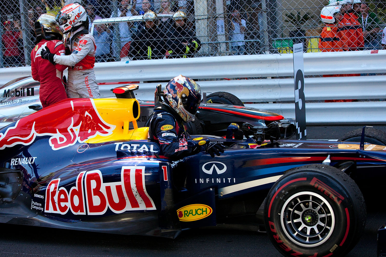 Race winner Sebastian Vettel, Red Bull Racing, arrives in parc ferme.