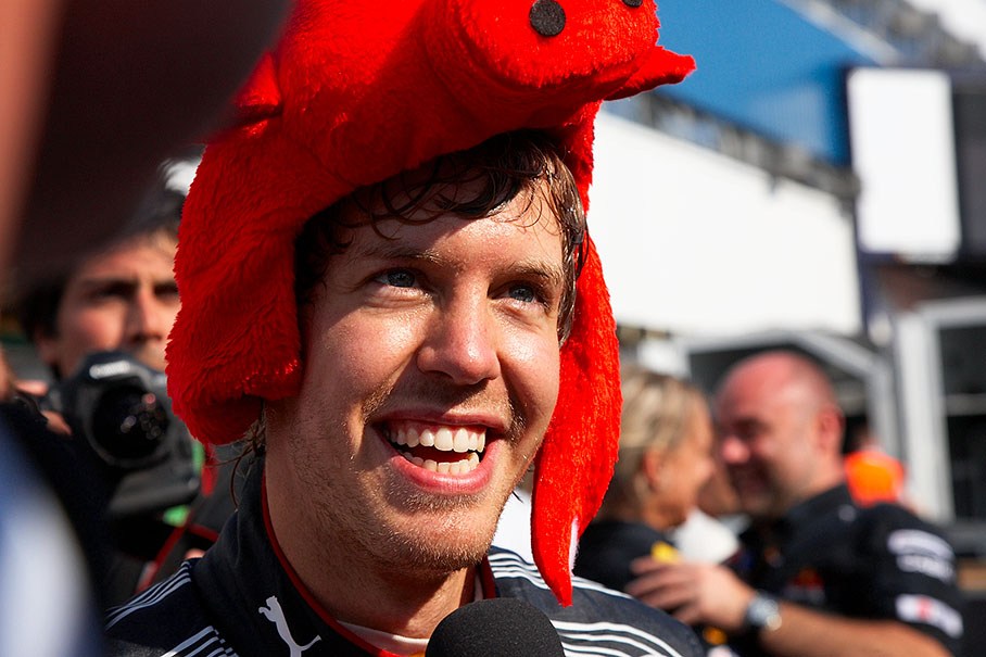 A fluffy Red Bull cap for the contructors champion Sebastian Vettel