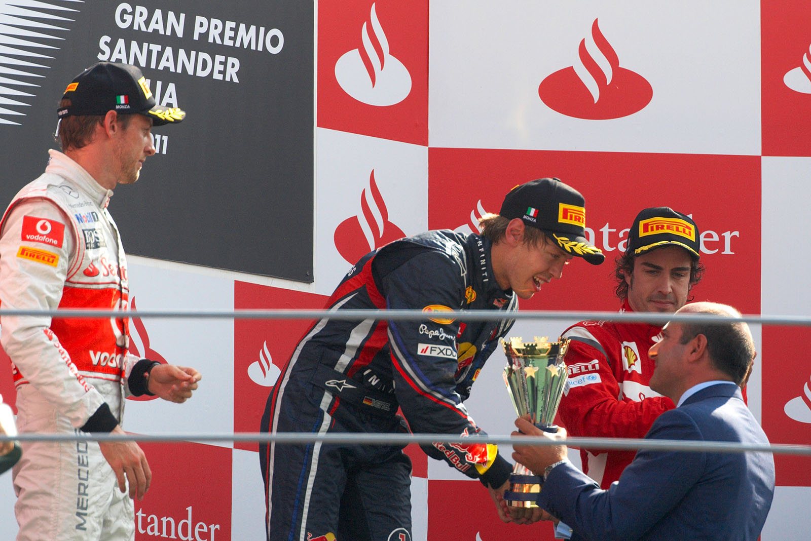 Race winner Sebastian Vettel, Red Bull Racing, receives the deserved trophy after the Italian Grand Prix