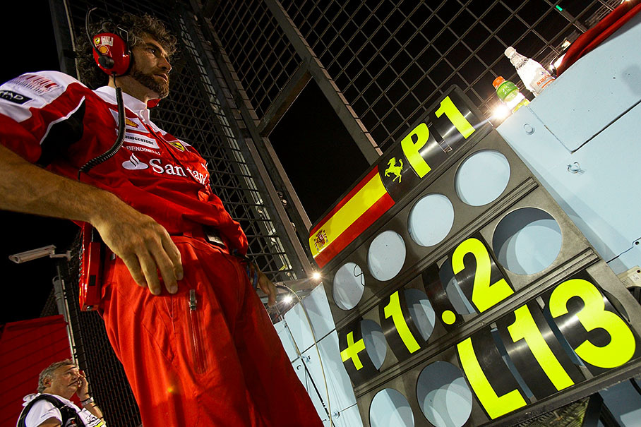 Race position one for Alonso in lap 13, just 1.2 seconds ahead of Vettel
