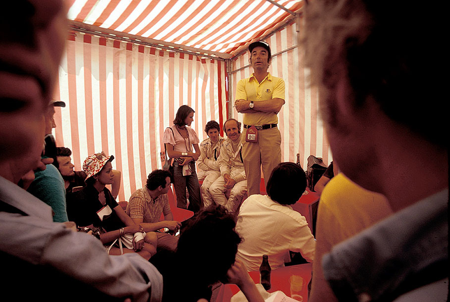 IRPA president Bernard Cahier promotes the McLaren drivers Jody Scheckter and Denny Hulme to the press, French GP Paul Ricard 1973