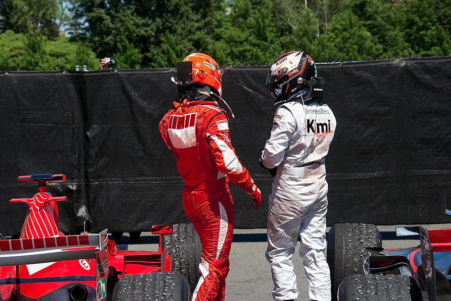 Michael Schumacher and Kimi Raikkonen in parc fermé