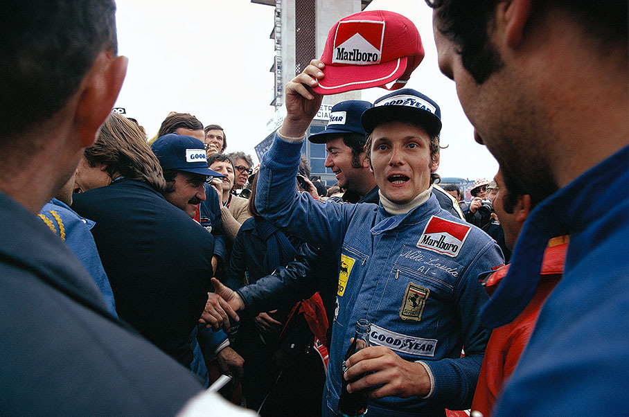 Spanish GP 1974: Niki Lauda celebrates his first GP victory