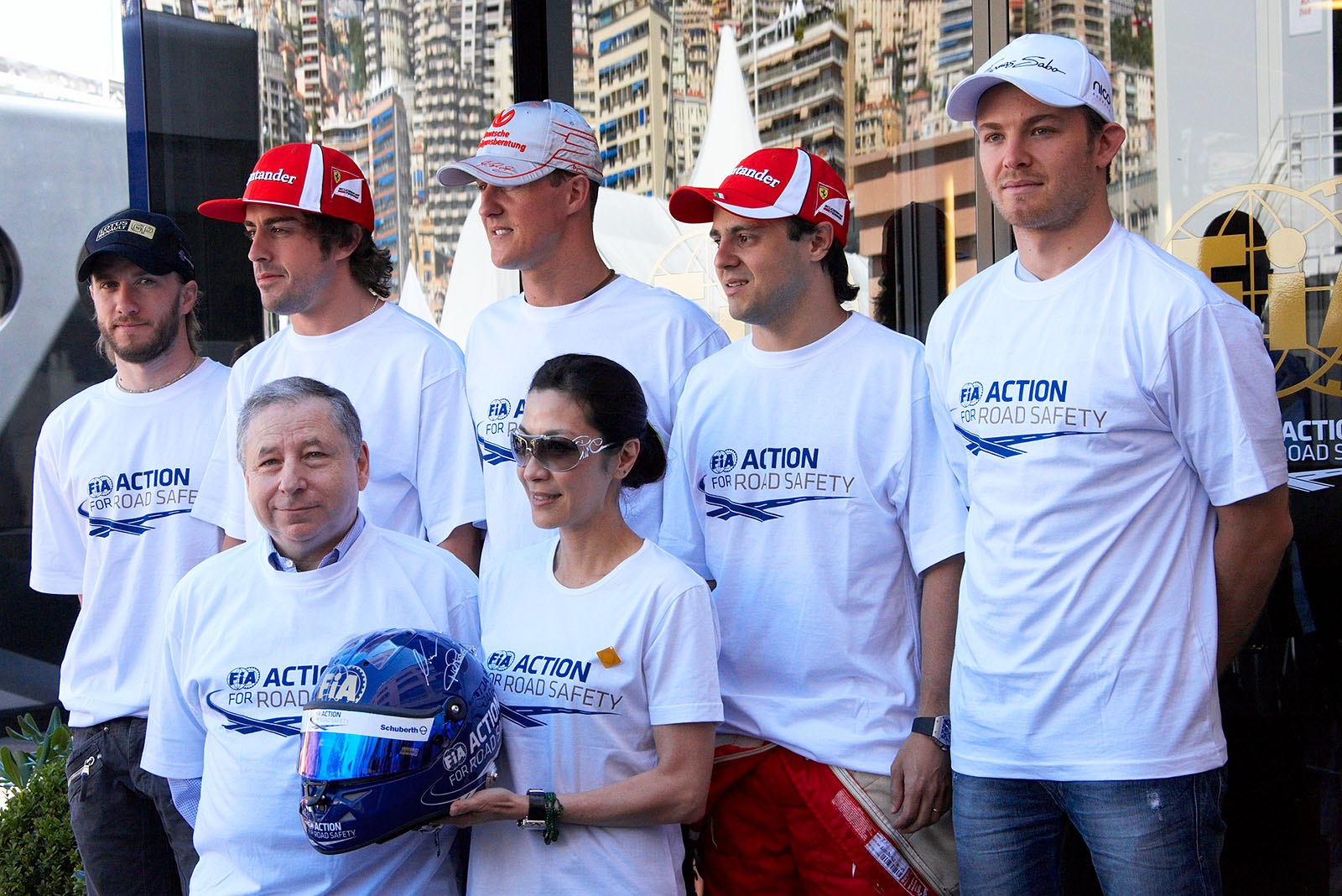 Action for road safety campaign shooting with Nick Heidfeld, Fernand Alonso, Michael Schumacher, Felipe Massa, Nico Rosberg, FIA president Jean Todt with his partner actress Michelle Yeoh.