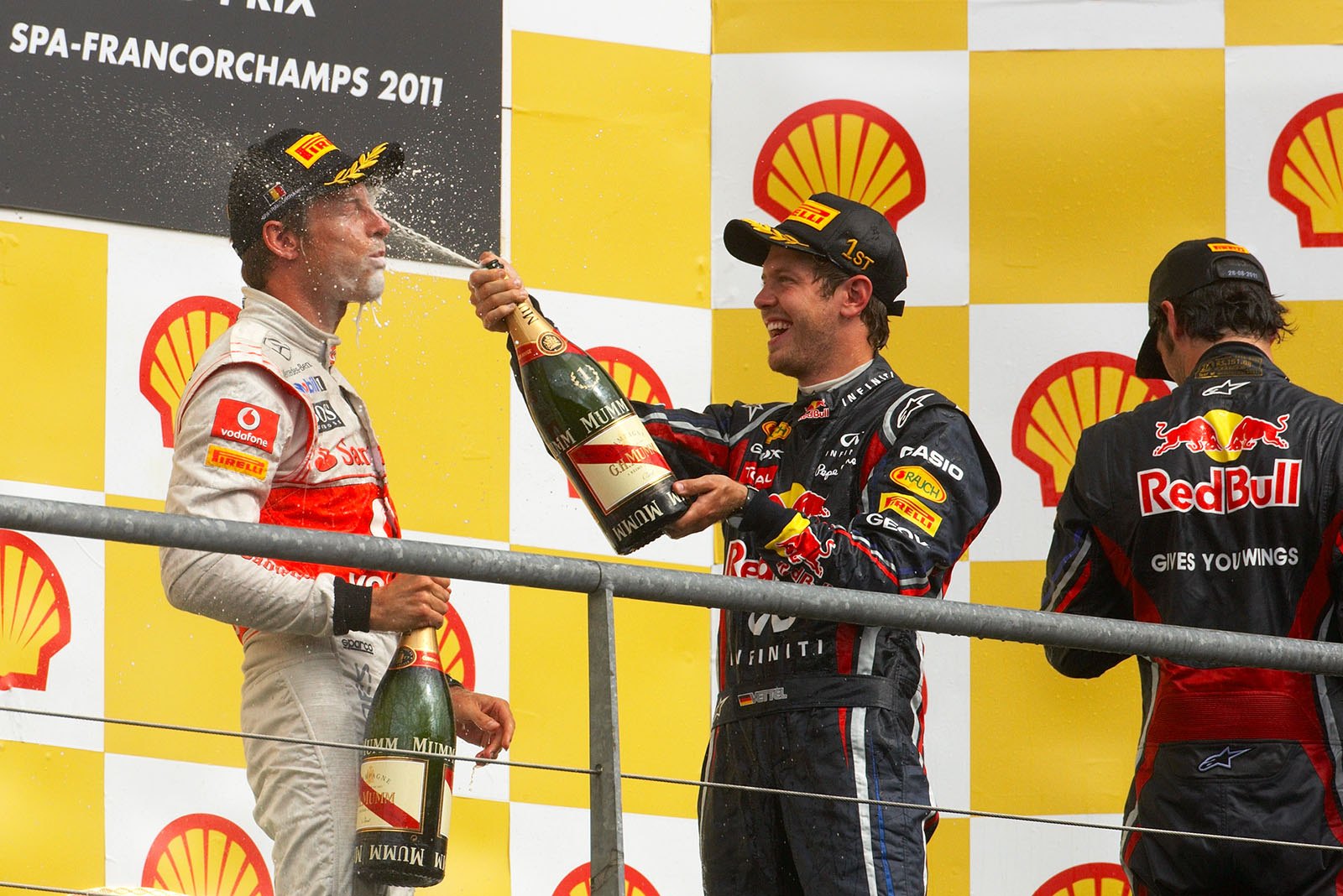 A large flush of champagne for the face of McLaren's third placed Jenson Button after the Belgian Grand Prix 2011