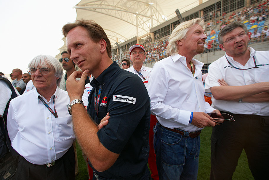 Presentation watchers on the grid: Bernie Ecclestone, Christian Horner, John Howett, Richard Branson and Ross Brawn
