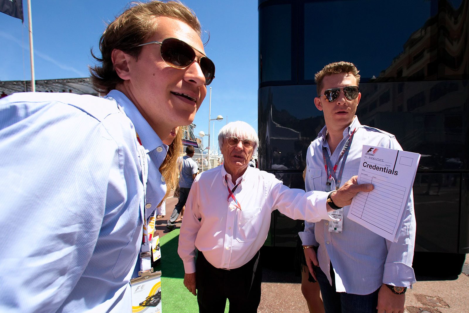 Bernie Ecclestone checks the credentials of some cheaky Mercedes VIPs ;-)